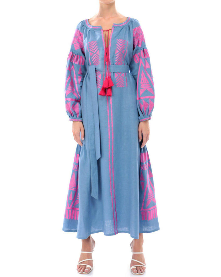 Powder Blue and Pink Geometric Embroidered Linen Kaftan Maxi Dress with Balloon Sleeves