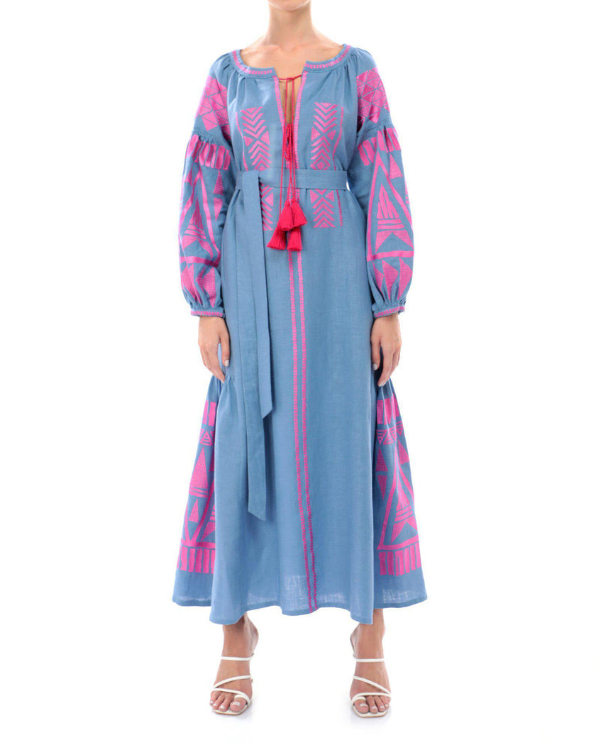 Dark Powder Blue Embroidered Linen Maxi Dress | ZALXNDRA