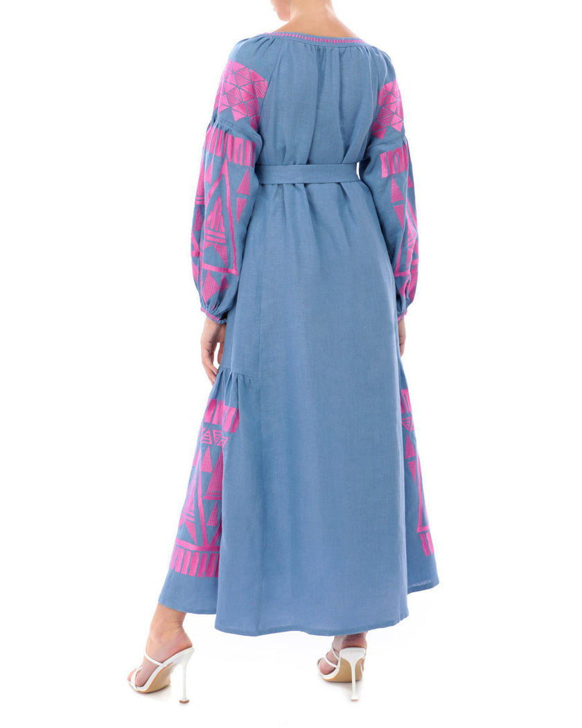 Dark Powder Blue Embroidered Linen Maxi Dress | ZALXNDRA